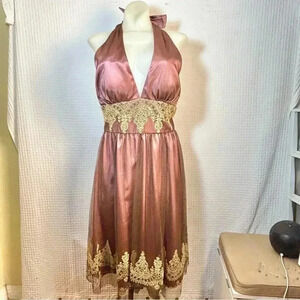 Women 8 Sexy Goth Witchy Formal Adrianna Papell Mesh Overlay Halter Dress Salmon